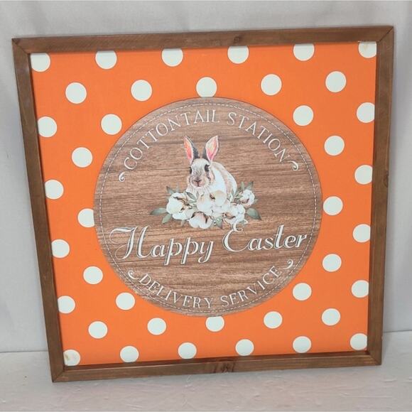 Cottontail Bunny Happy Easter Orange White Polka Dots Large Wooden Wall Decor - Picture 8 of 8